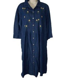 La Cera Pleated Dark Chambray Floral Embroidered Shirt Dress Pockets